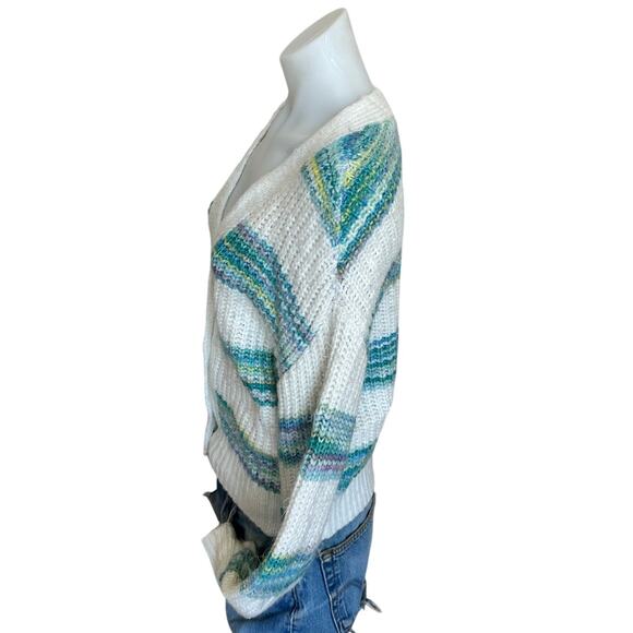Slate & Willow White Teal Striped Oversized Cardigan Sweater SMALL Cropped $125 - Picture 8 of 10